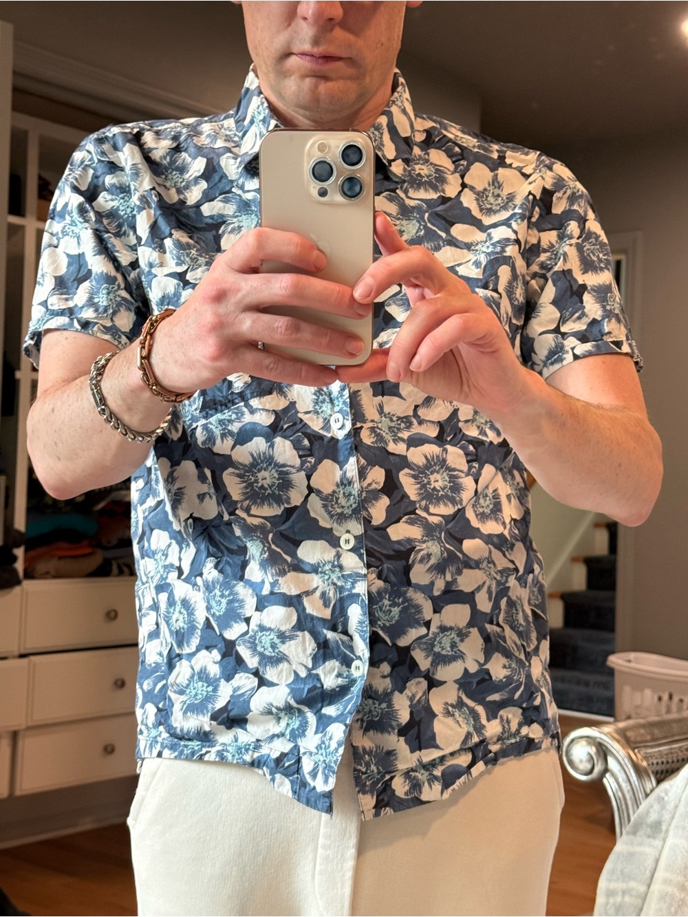 A.P.C. Blue White Floral Short Sleeve Button Down Shirt Size S